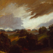 painting of a rural hilled area under a stormy sky