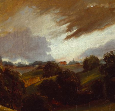 painting of a rural hilled area under a stormy sky