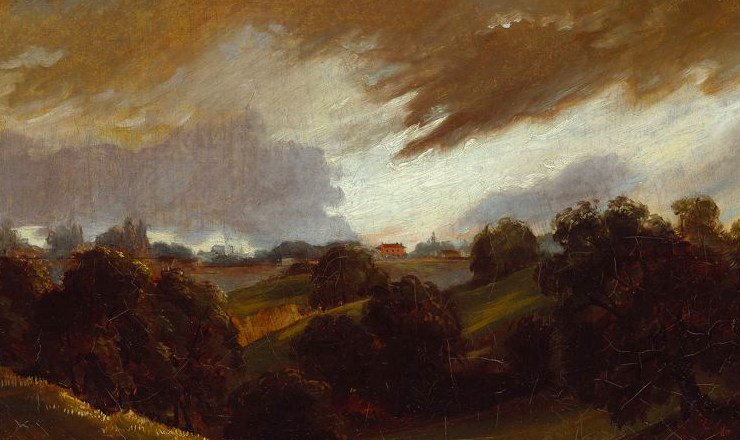 painting of a rural hilled area under a stormy sky