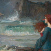 Painting of a woman with long auburn hair sitting on a rock by the sea, the waves are crashing and a shipwreck can be seen in the distance
