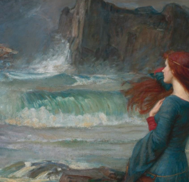 Painting of a woman with long auburn hair sitting on a rock by the sea, the waves are crashing and a shipwreck can be seen in the distance