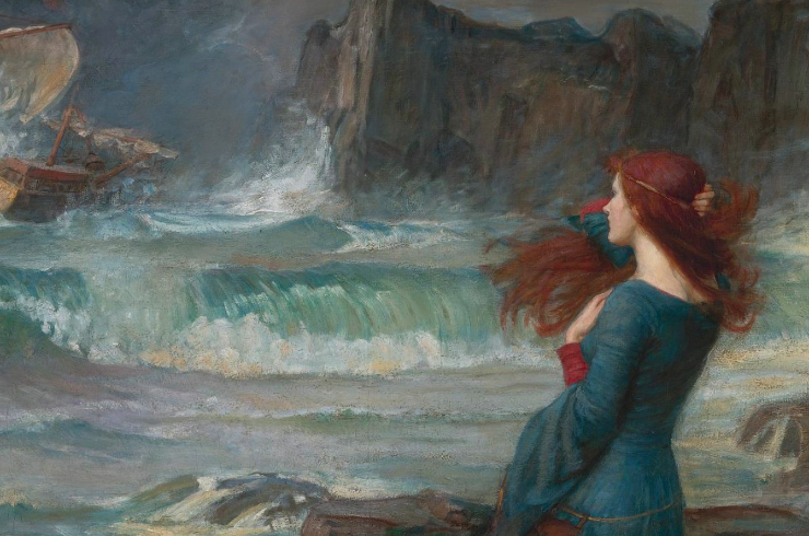 Painting of a woman with long auburn hair sitting on a rock by the sea, the waves are crashing and a shipwreck can be seen in the distance