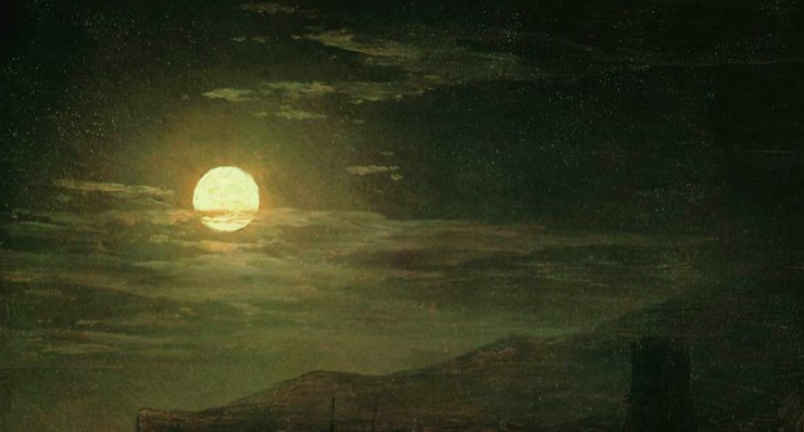 painting of a cloudy night with a bright moon