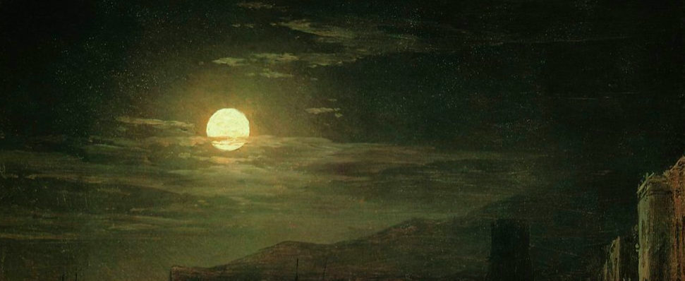 painting of a cloudy night with a bright moon