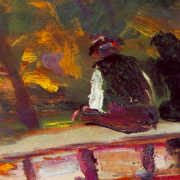 painting of two figures on a bench, their backs facing the viewer
