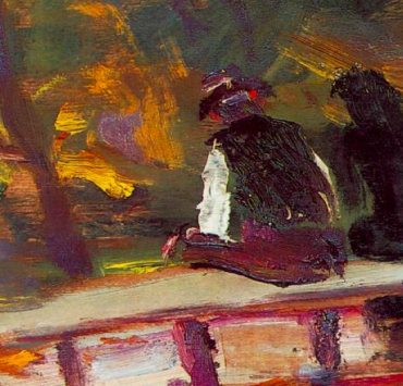 painting of two figures on a bench, their backs facing the viewer