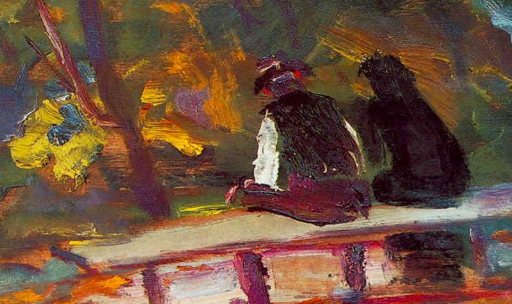 painting of two figures on a bench, their backs facing the viewer