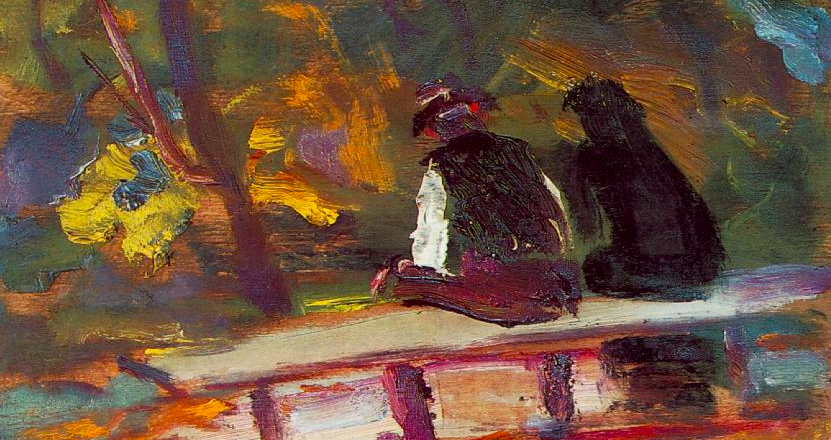 painting of two figures on a bench, their backs facing the viewer