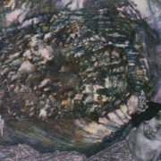 Painting of a pearl oyster with two female figures reclined at the base