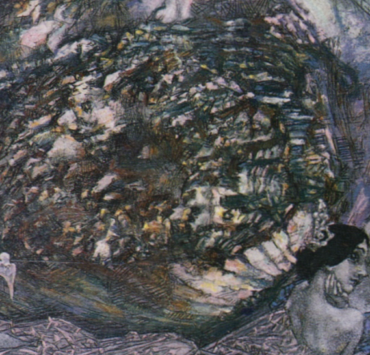 Painting of a pearl oyster with two female figures reclined at the base