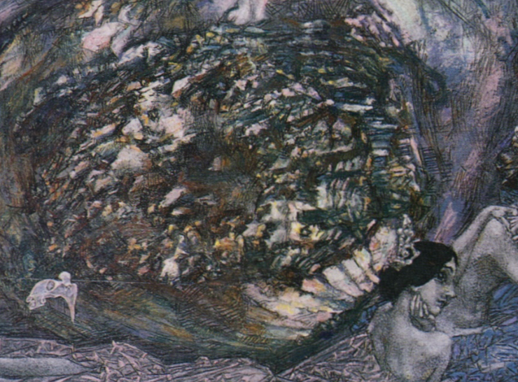 Painting of a pearl oyster with two female figures reclined at the base