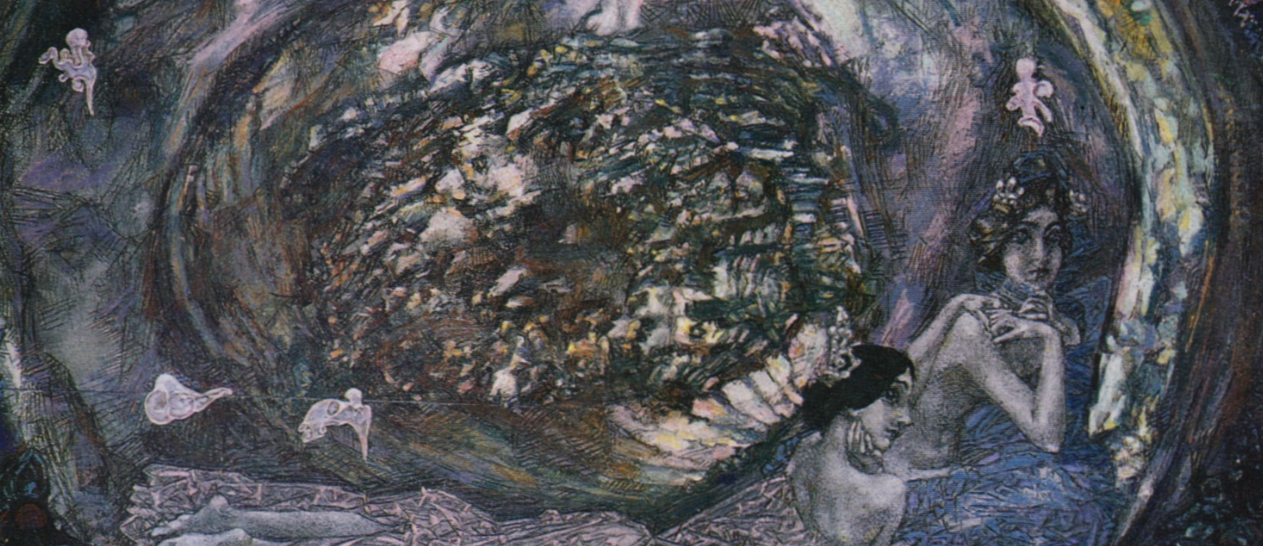 Painting of a pearl oyster with two female figures reclined at the base