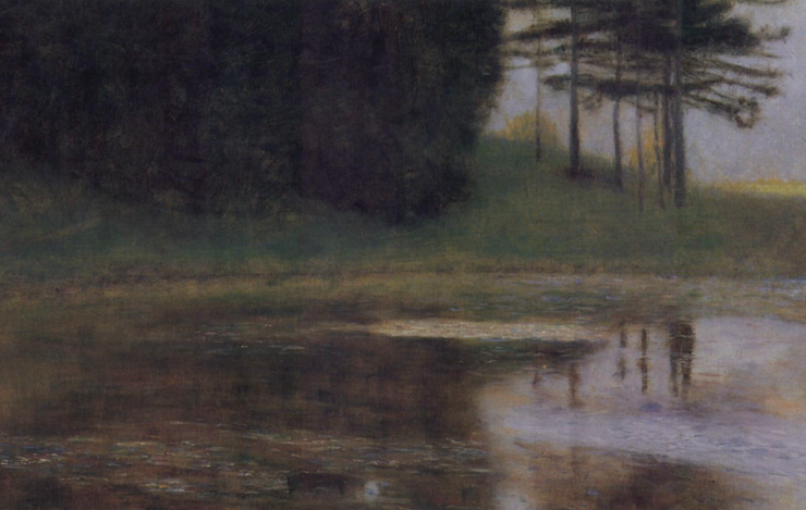 painting of a pond on a rainy day