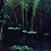 Painting of a lake's edge surrounded by green reeds and waterlilies