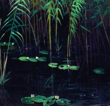 Painting of a lake's edge surrounded by green reeds and waterlilies