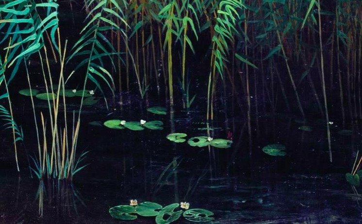 Painting of a lake's edge surrounded by green reeds and waterlilies