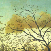 Painting of treetops in front of a cloudy evening sky