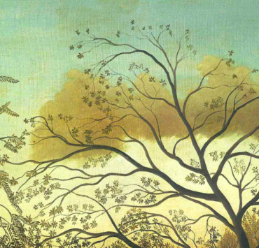 Painting of treetops in front of a cloudy evening sky
