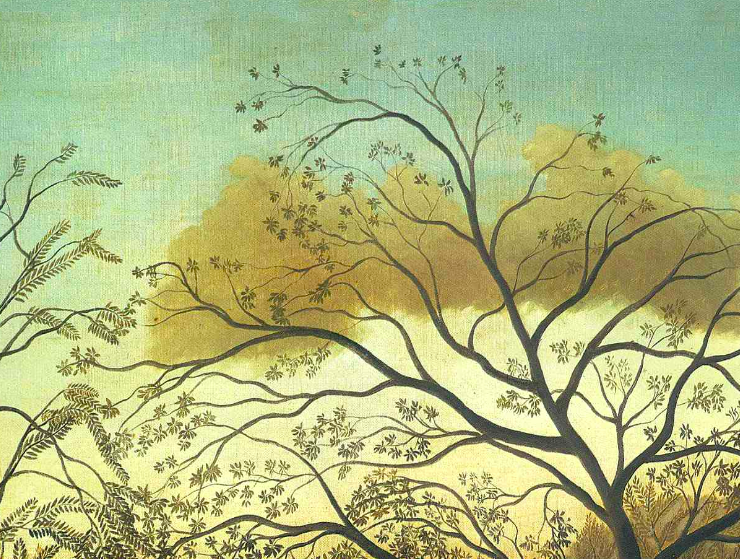 Painting of treetops in front of a cloudy evening sky