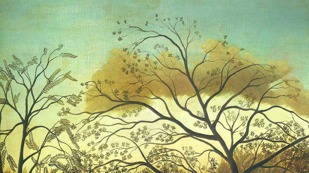 Painting of treetops in front of a cloudy evening sky