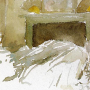 watercolor painting of a person laying in bed in a sparse room