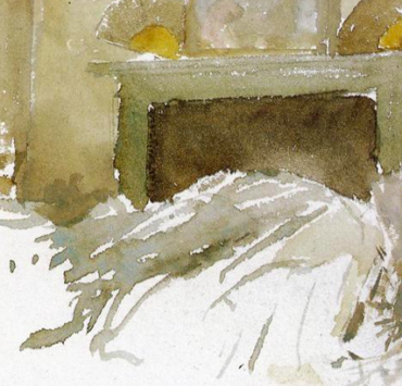 watercolor painting of a person laying in bed in a sparse room