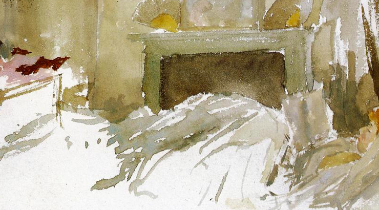 watercolor painting of a person laying in bed in a sparse room