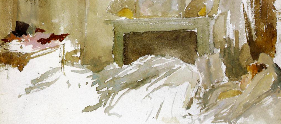 watercolor painting of a person laying in bed in a sparse room
