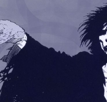 Comic illustration of Neil Gaiman's Sandman he's wearing a black robe and holding up a handful of sand