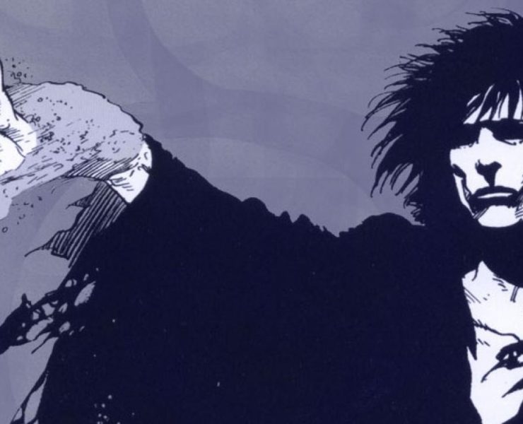Comic illustration of Neil Gaiman's Sandman he's wearing a black robe and holding up a handful of sand