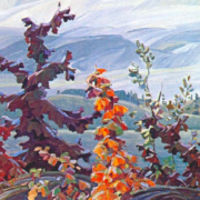 Painting of red and orange maple trees