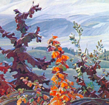 Painting of red and orange maple trees