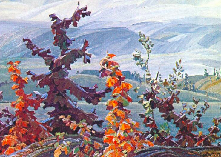 Painting of red and orange maple trees