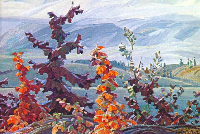 Painting of red and orange maple trees