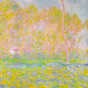 Impressionist painting in pastel shades of pink flowering trees