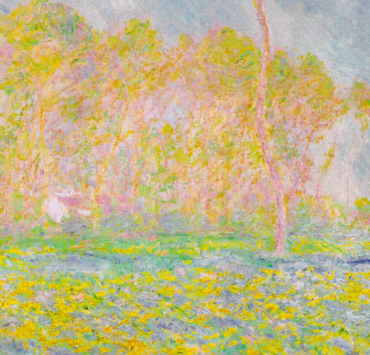 Impressionist painting in pastel shades of pink flowering trees