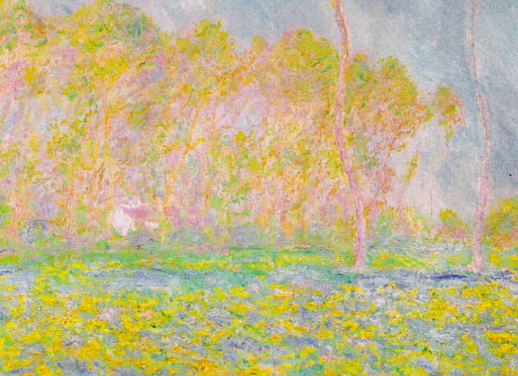 Impressionist painting in pastel shades of pink flowering trees