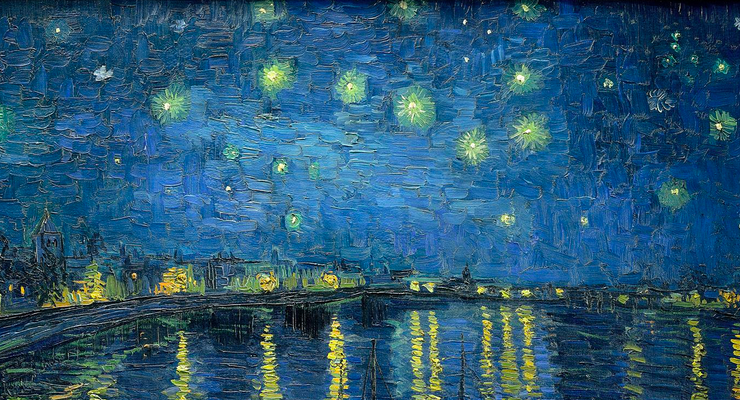 impressionist painting of a starry sky over a river