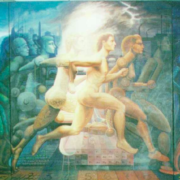 surreal painting depicting the evolution of humanity depicted through the human form