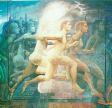 surreal painting depicting the evolution of humanity depicted through the human form