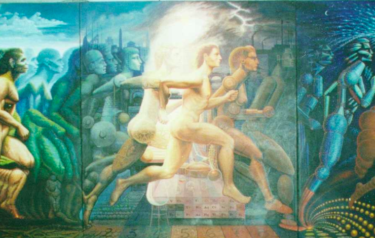 surreal painting depicting the evolution of humanity depicted through the human form
