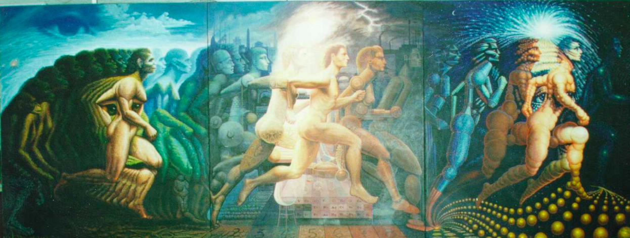 surreal painting depicting the evolution of humanity depicted through the human form