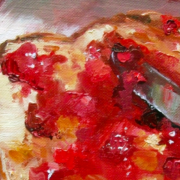 Painting of toast with red jam spread on it