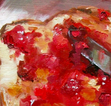 Painting of toast with red jam spread on it