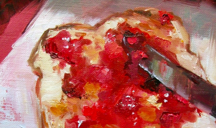 Painting of toast with red jam spread on it