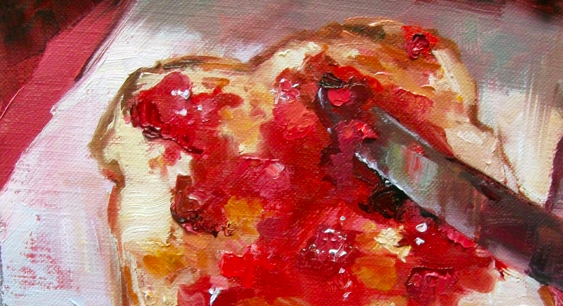 Painting of toast with red jam spread on it