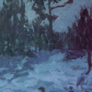 Painting of a snow covered forest at night