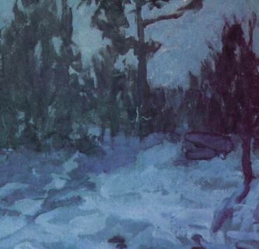 Painting of a snow covered forest at night