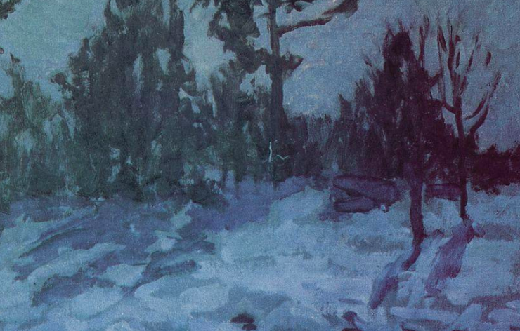 Painting of a snow covered forest at night