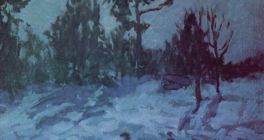 Painting of a snow covered forest at night